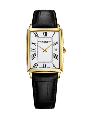 Raymond Weil Toccata Men's Classic Rectangular Gold PVD White Dial Leather Watch 37x29mm - 5425-PC-00300