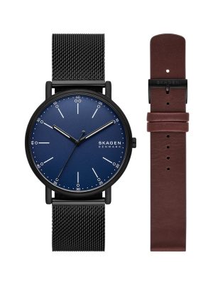 Skagen Signatur Three-Hand Black Stainless Steel Mesh Watch and Strap Set - SKW6933SET